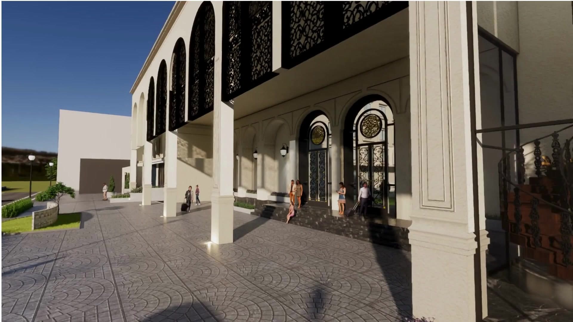 Entrance colonnade with ornate ironwork detailing